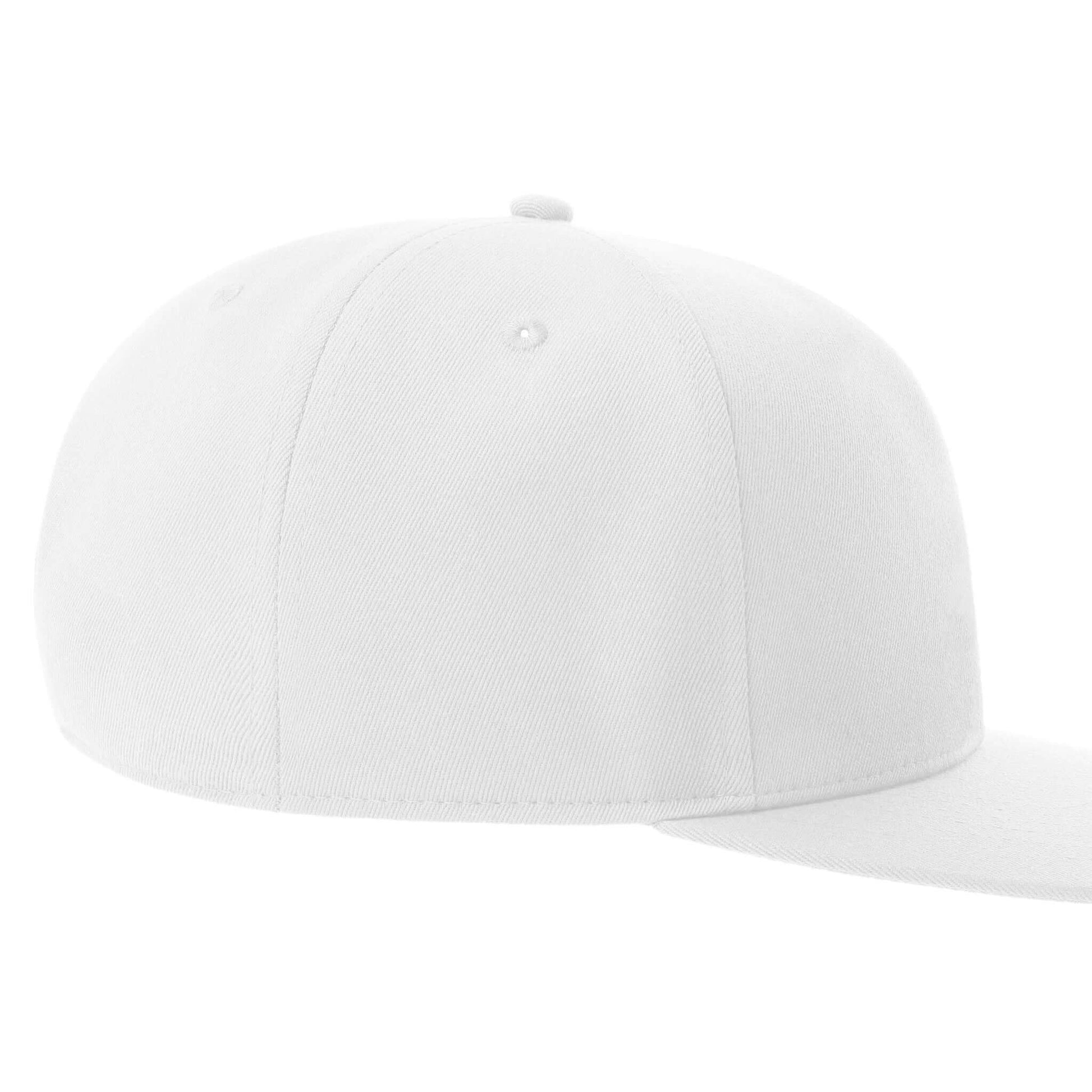Personalized Flat Bill Cap - Floss Design in white, showcasing five-panel build and flat brim for custom embroidery options.