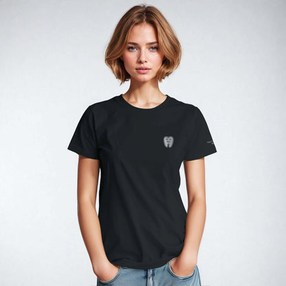 Personalized Heavyweight Unisex Crewneck T-Shirt with Smiling Tooth Embroidery, model wearing black tee.