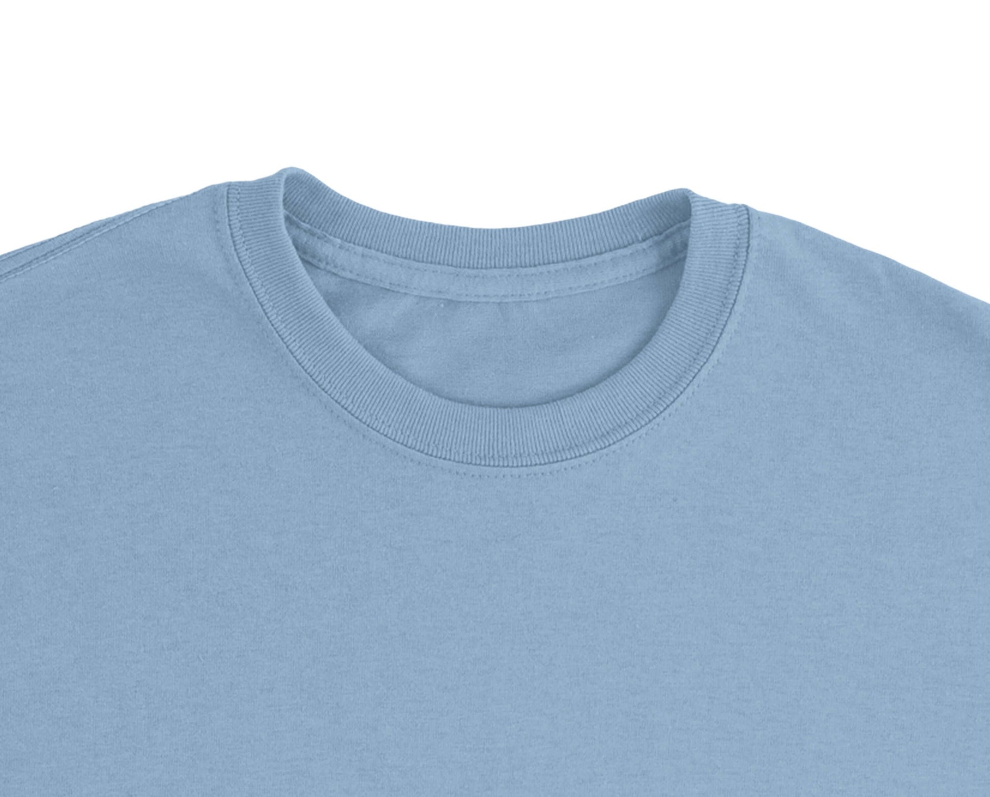 Close-up of the neckline of a Personalized Heavyweight Unisex Crewneck T-Shirt in light blue color.