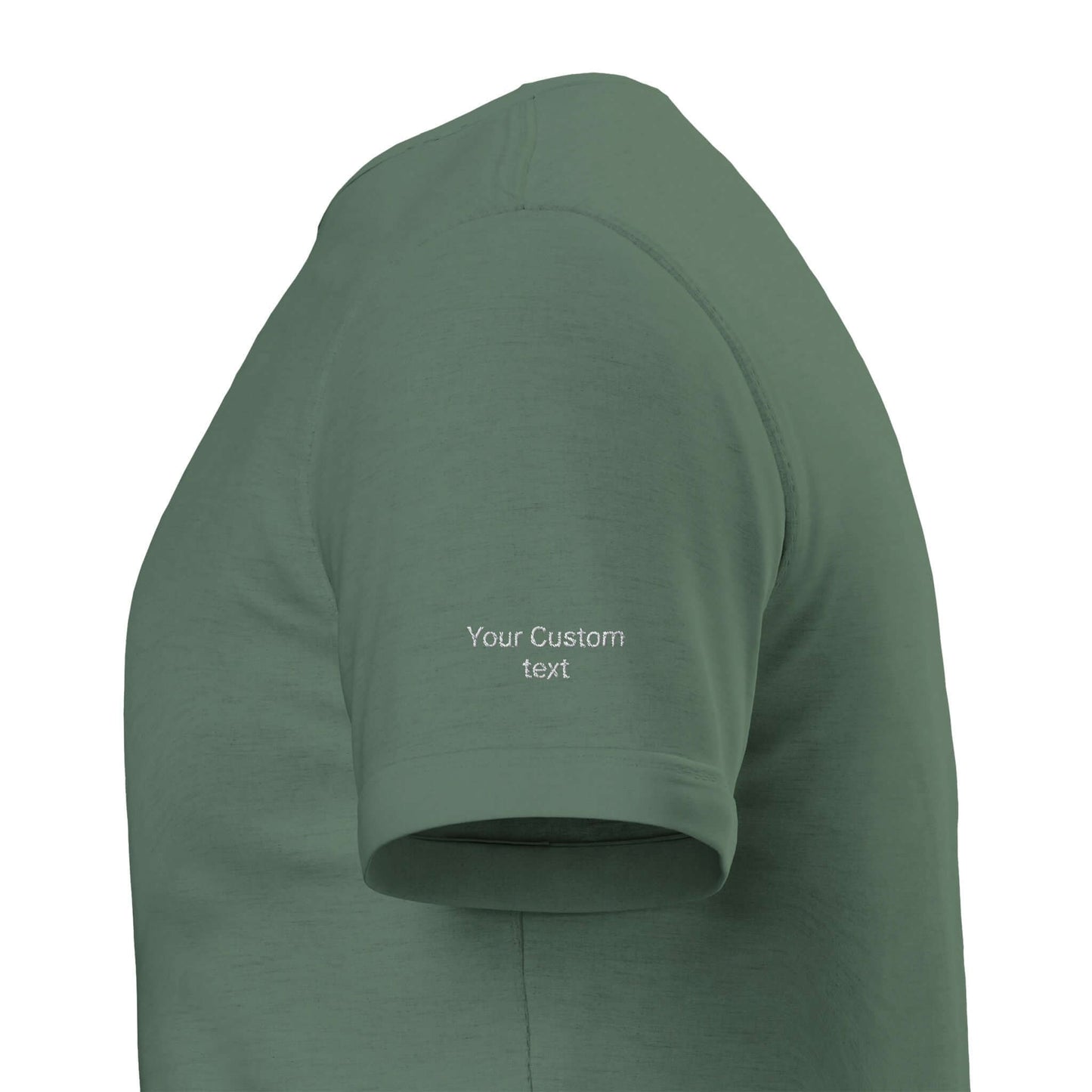 Side view of personalized heavyweight unisex crewneck t-shirt featuring custom text.