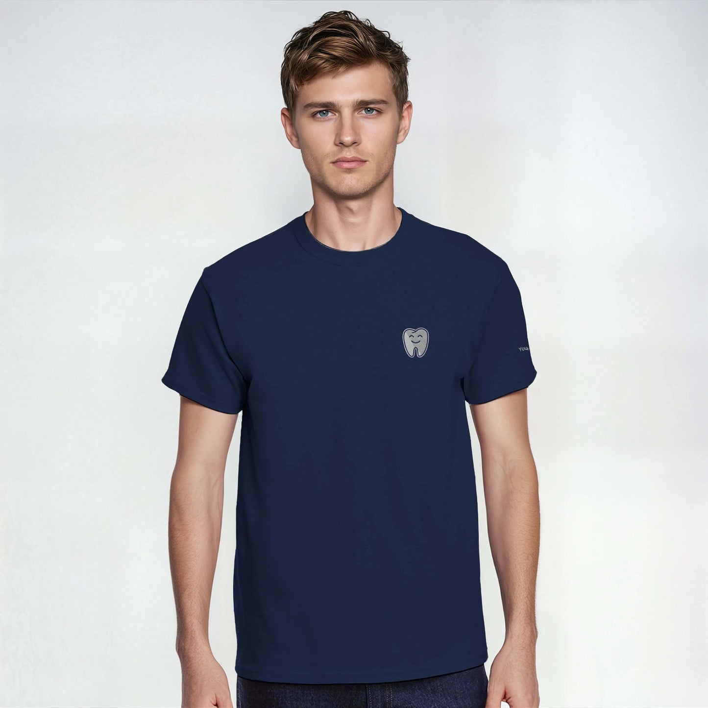 Personalized Heavyweight Unisex Crewneck T-Shirt with Smiling Tooth Embroidery in navy color
