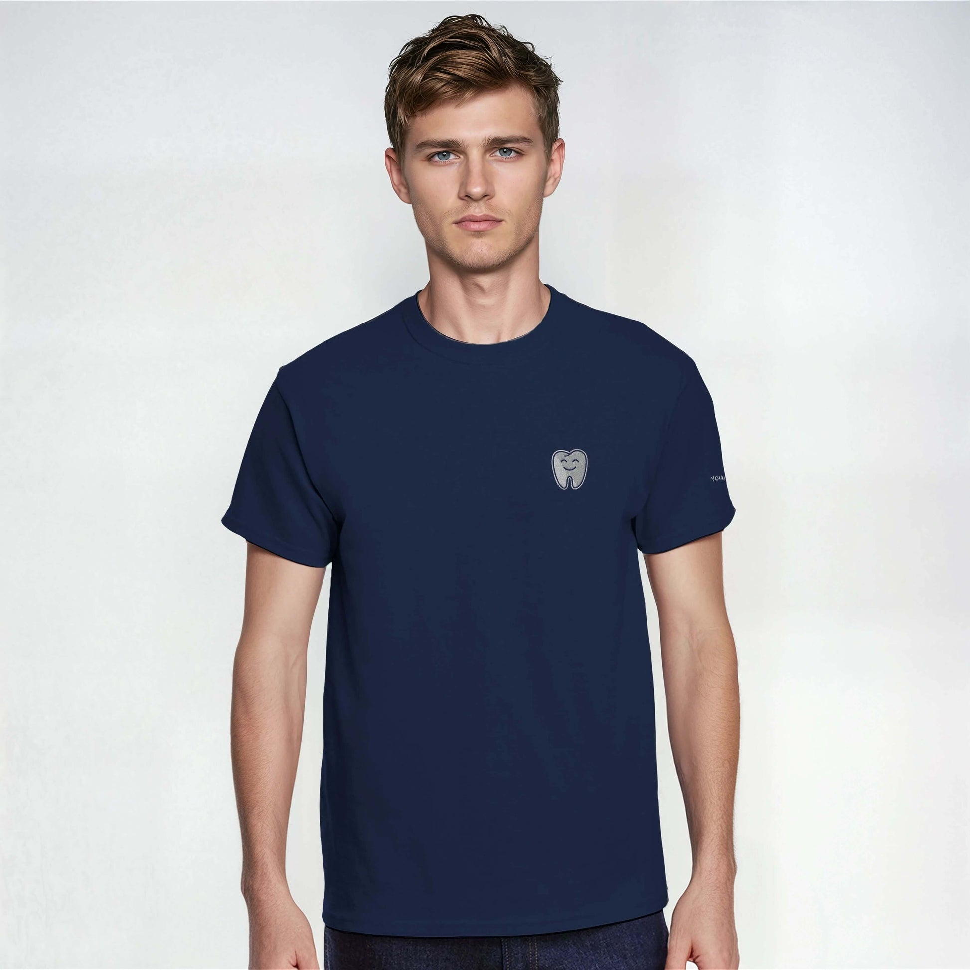 Personalized Heavyweight Unisex Crewneck T-Shirt with Smiling Tooth Embroidery in navy color