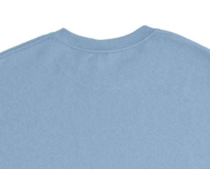 Back view of a blue Personalized Heavyweight Unisex Crewneck T-Shirt - Smiling Tooth Embroidery (Gildan5000).