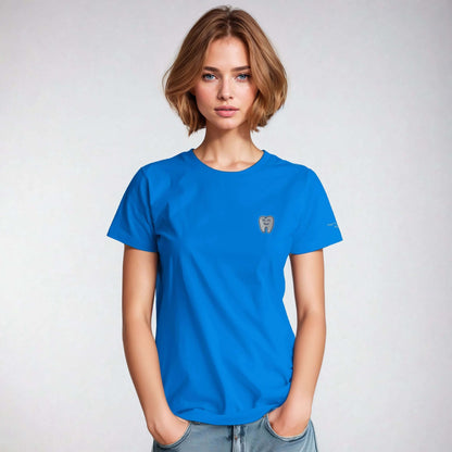 Personalized Heavyweight Unisex Crewneck T-Shirt in blue featuring Smiling Tooth Embroidery for dental professionals.