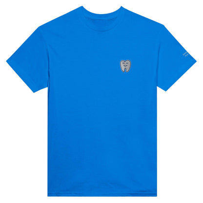 Personalized Heavyweight Unisex Crewneck T-Shirt in blue with Smiling Tooth Embroidery, Gildan 5000 style.