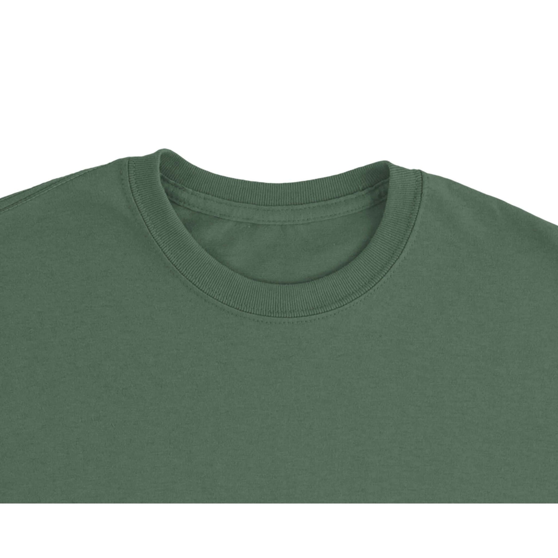 Close-up of the neckline of a green Personalized Heavyweight Unisex Crewneck T-Shirt.