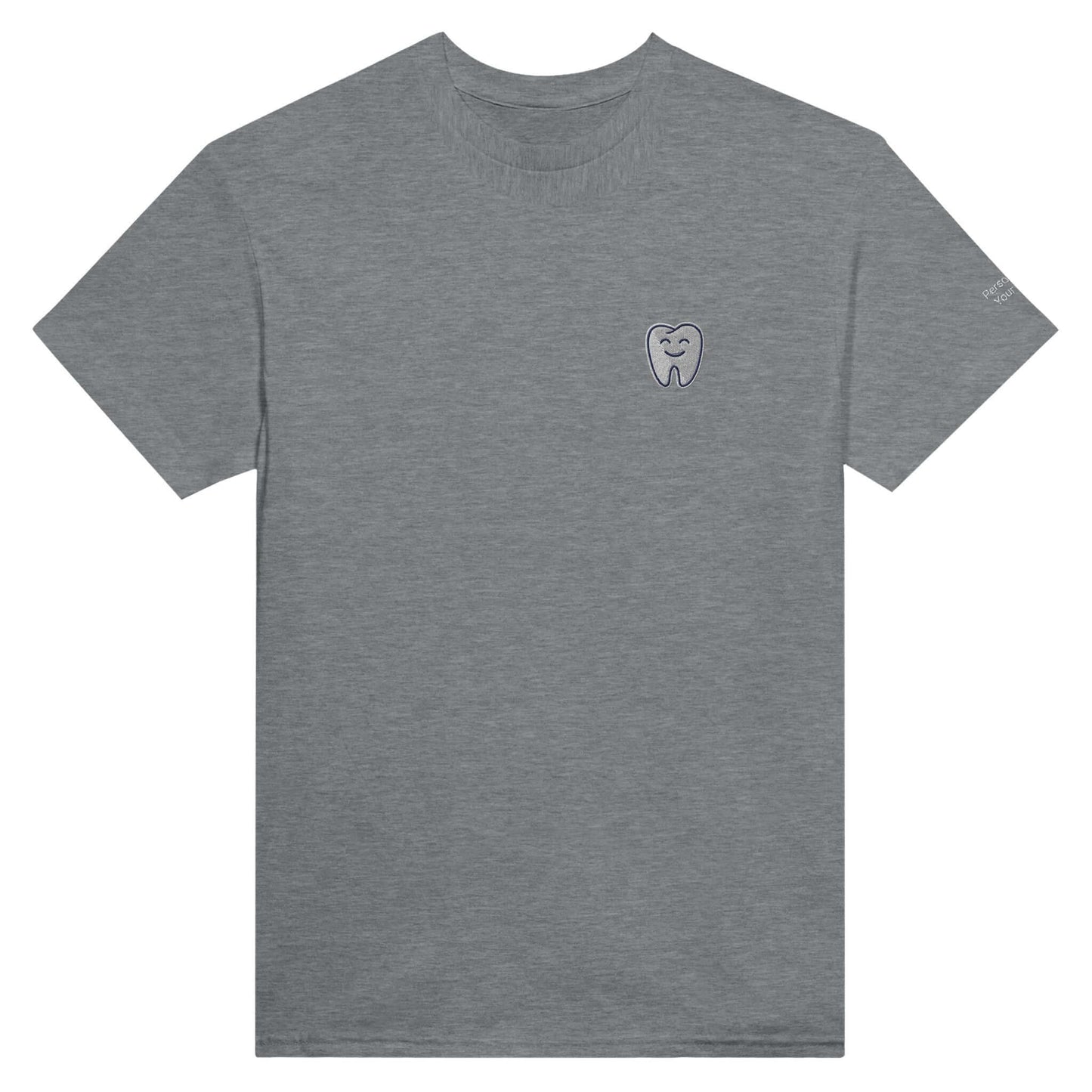 Personalized Heavyweight Unisex Crewneck T-Shirt featuring Smiling Tooth Embroidery on a gray background.