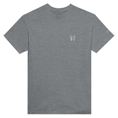 Personalized Heavyweight Unisex Crewneck T-Shirt featuring Smiling Tooth Embroidery on a gray background.