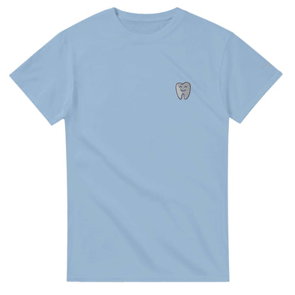 Personalized Heavyweight Unisex Crewneck T-Shirt with Smiling Tooth Embroidery in blue, Gildan 5000 model.