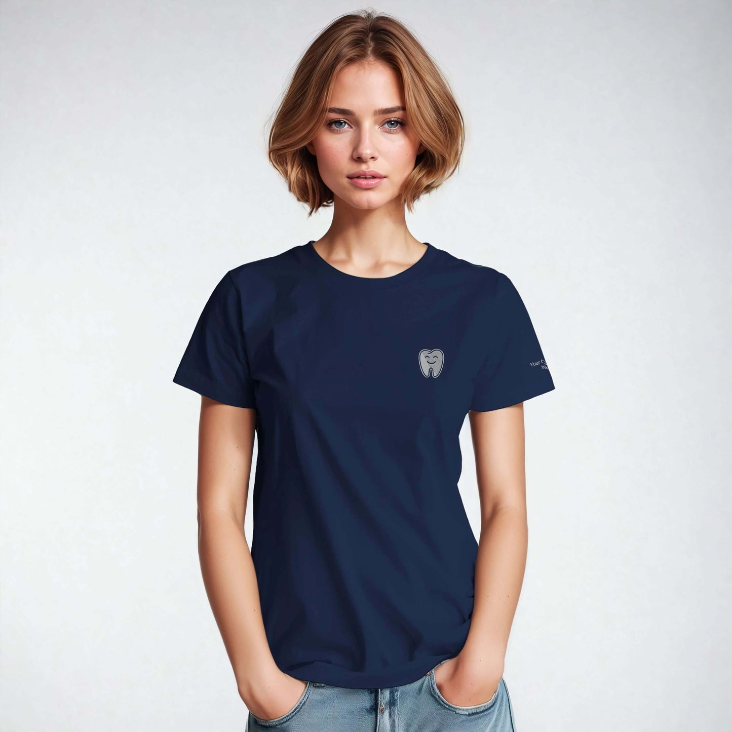 Personalized Heavyweight Unisex Crewneck T-Shirt with Smiling Tooth Embroidery in navy blue.