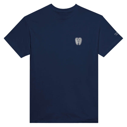 Personalized Heavyweight Unisex Crewneck T-Shirt with Smiling Tooth Embroidery in navy blue.