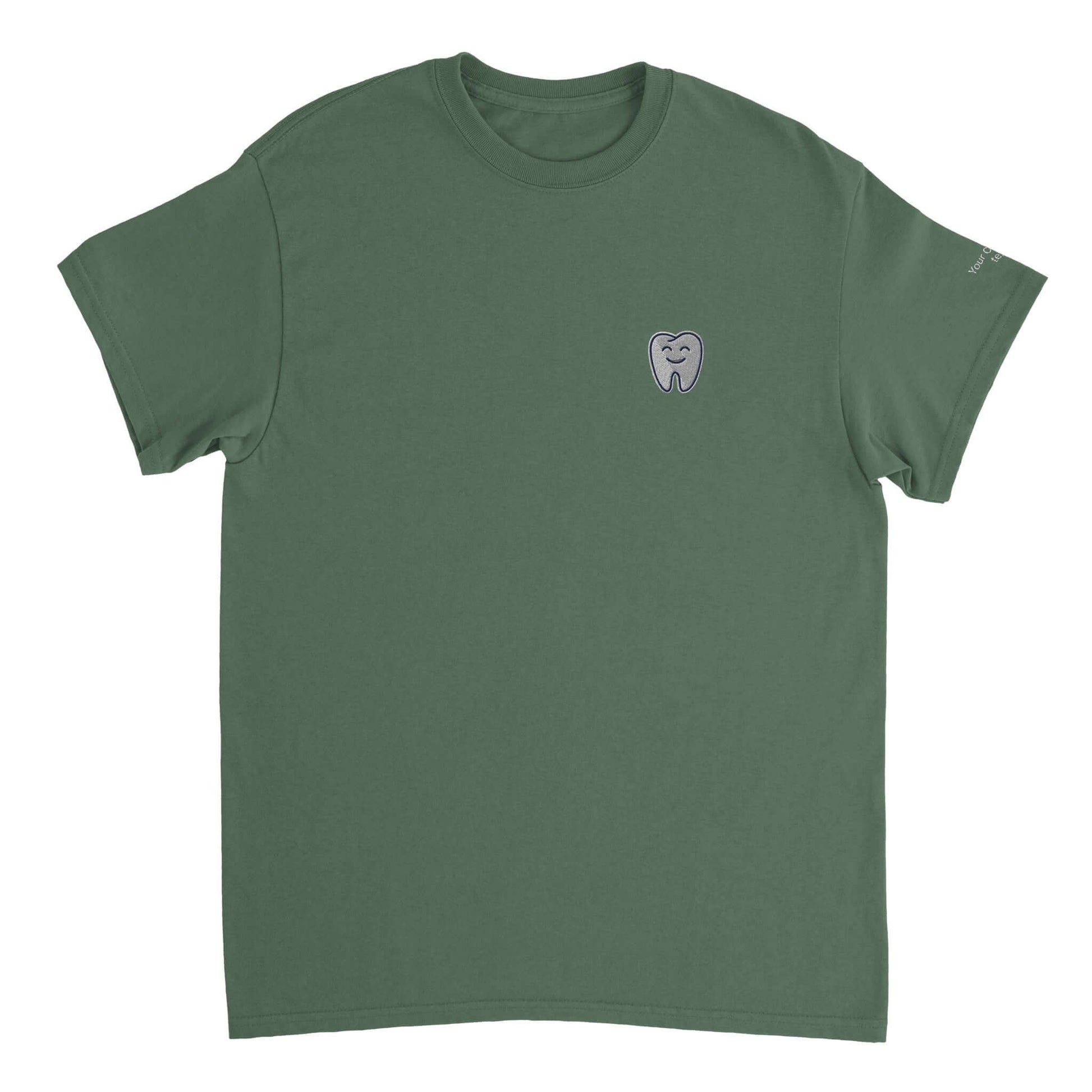Personalized Heavyweight Unisex Crewneck T-Shirt with Smiling Tooth Embroidery in green color.
