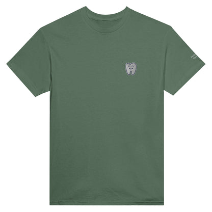 Personalized Heavyweight Unisex Crewneck T-Shirt with Smiling Tooth Embroidery in olive green.