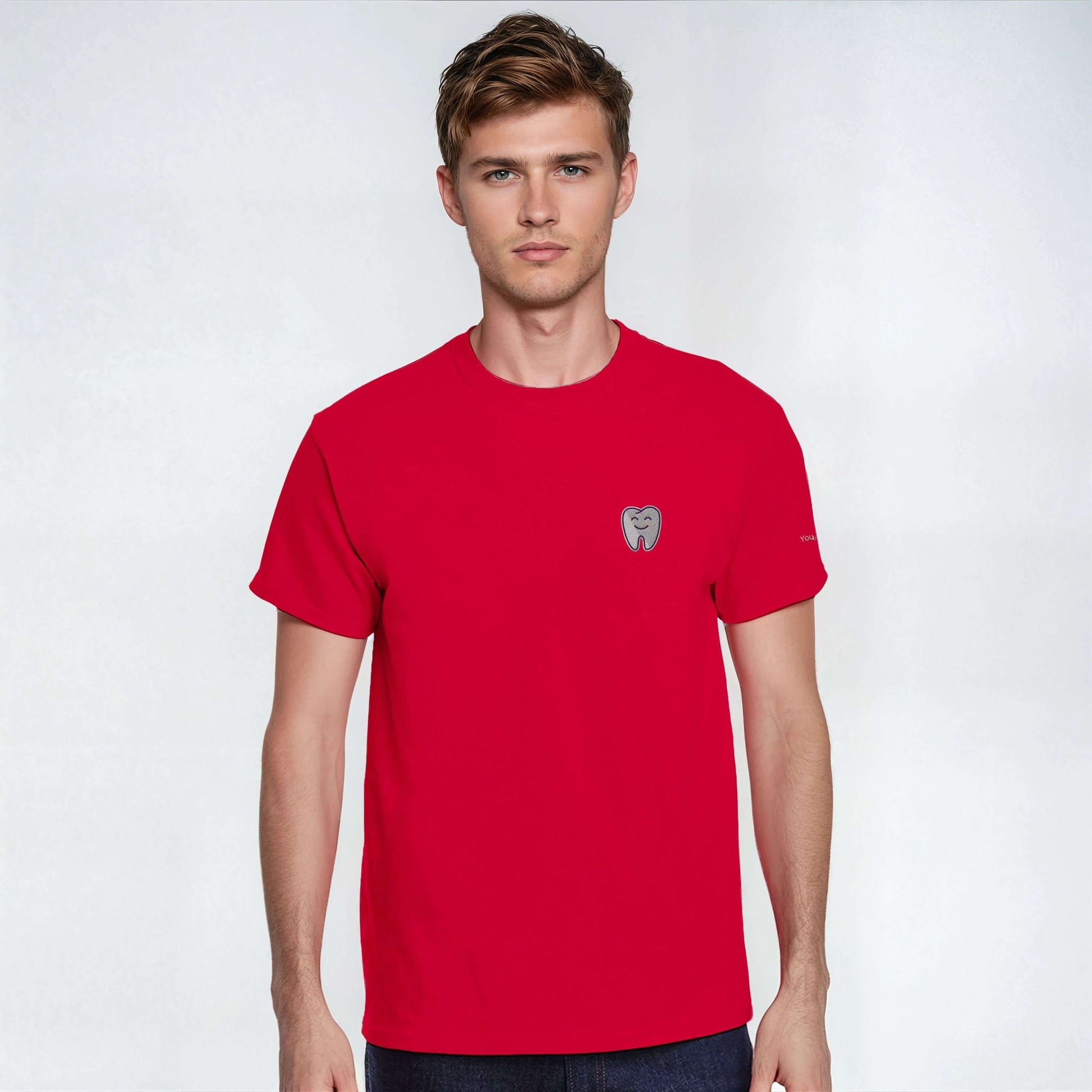Personalized Heavyweight Unisex Crewneck T-Shirt in red with Smiling Tooth Embroidery, Gildan 5000.