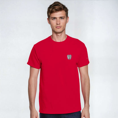 Personalized Heavyweight Unisex Crewneck T-Shirt in red with Smiling Tooth Embroidery, Gildan 5000.