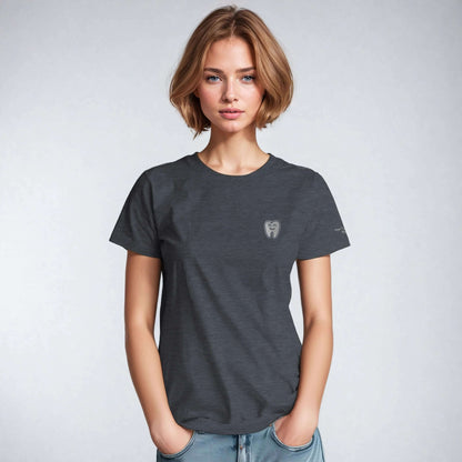 Personalized Heavyweight Unisex Crewneck T-Shirt featuring Smiling Tooth Embroidery on a model.
