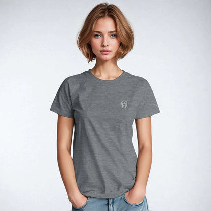 Personalized Heavyweight Unisex Crewneck T-Shirt with Smiling Tooth Embroidery, model wearing grey tee.
