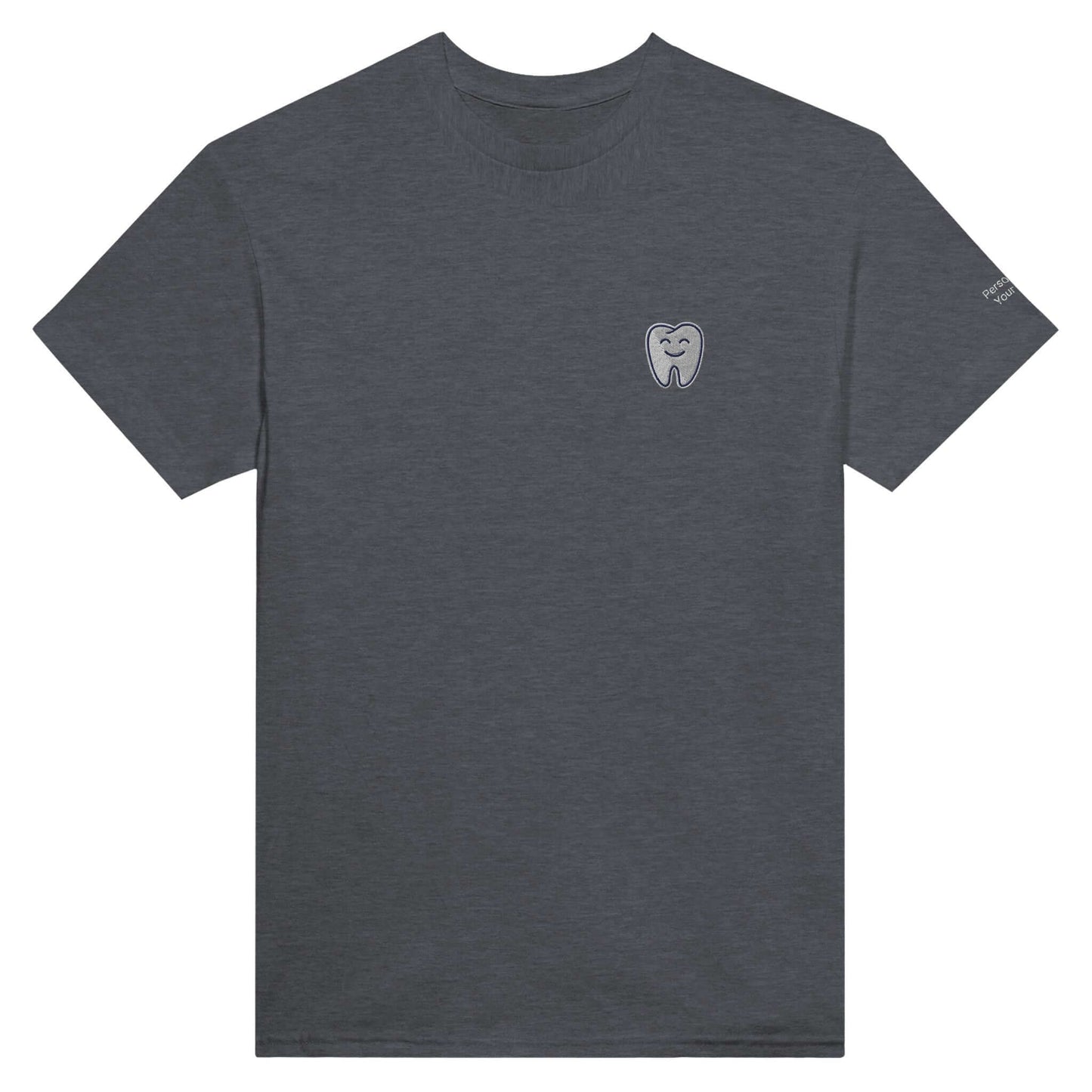 Personalized Heavyweight Unisex Crewneck T-Shirt with Smiling Tooth Embroidery in charcoal gray.
