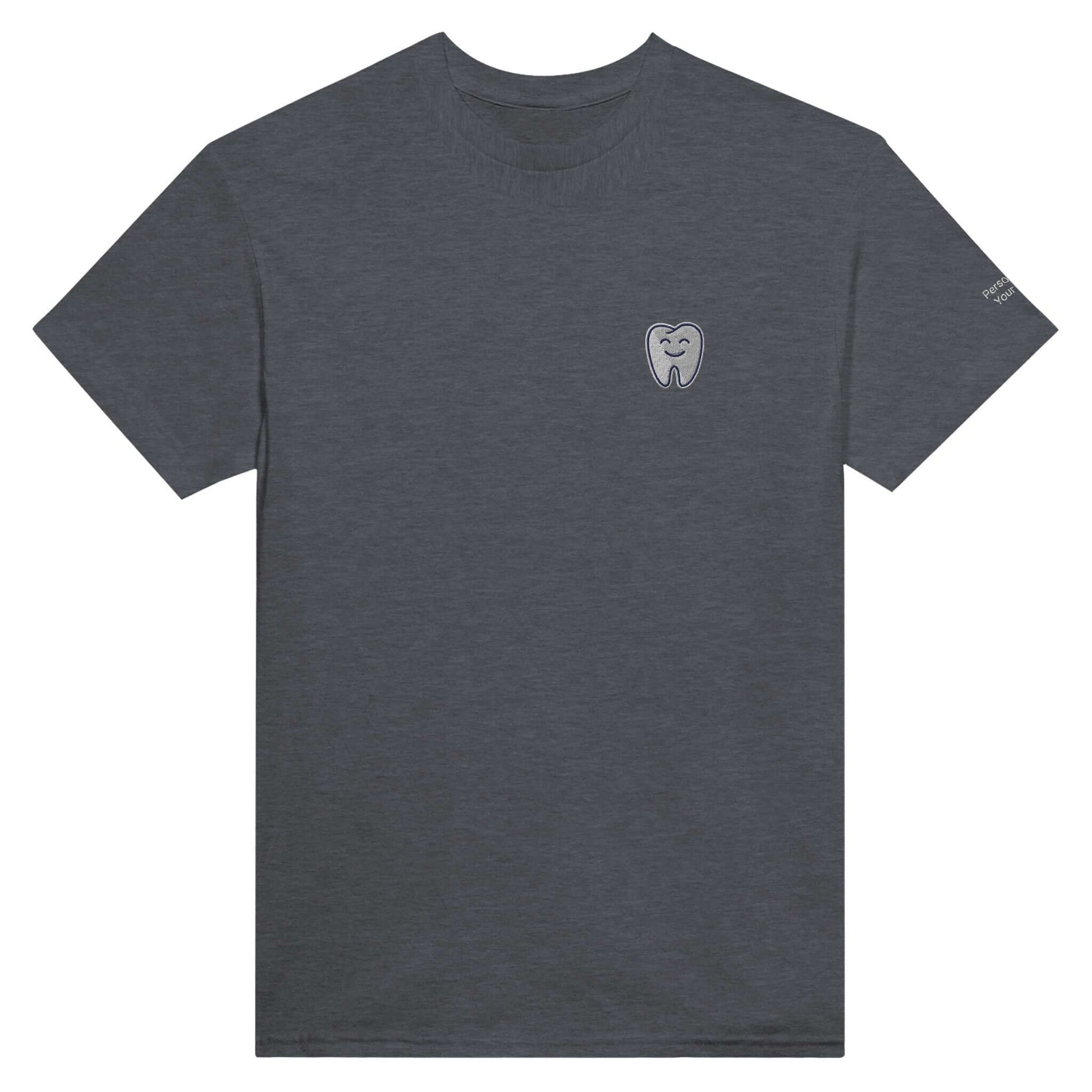 Personalized Heavyweight Unisex Crewneck T-Shirt with Smiling Tooth Embroidery in charcoal gray.