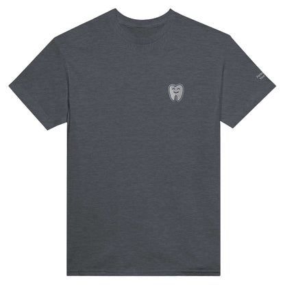Personalized Heavyweight Unisex Crewneck T-Shirt with Smiling Tooth Embroidery in charcoal gray.