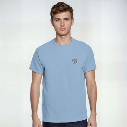 Personalized Heavyweight Unisex Crewneck T-Shirt with Smiling Tooth Embroidery on blue background