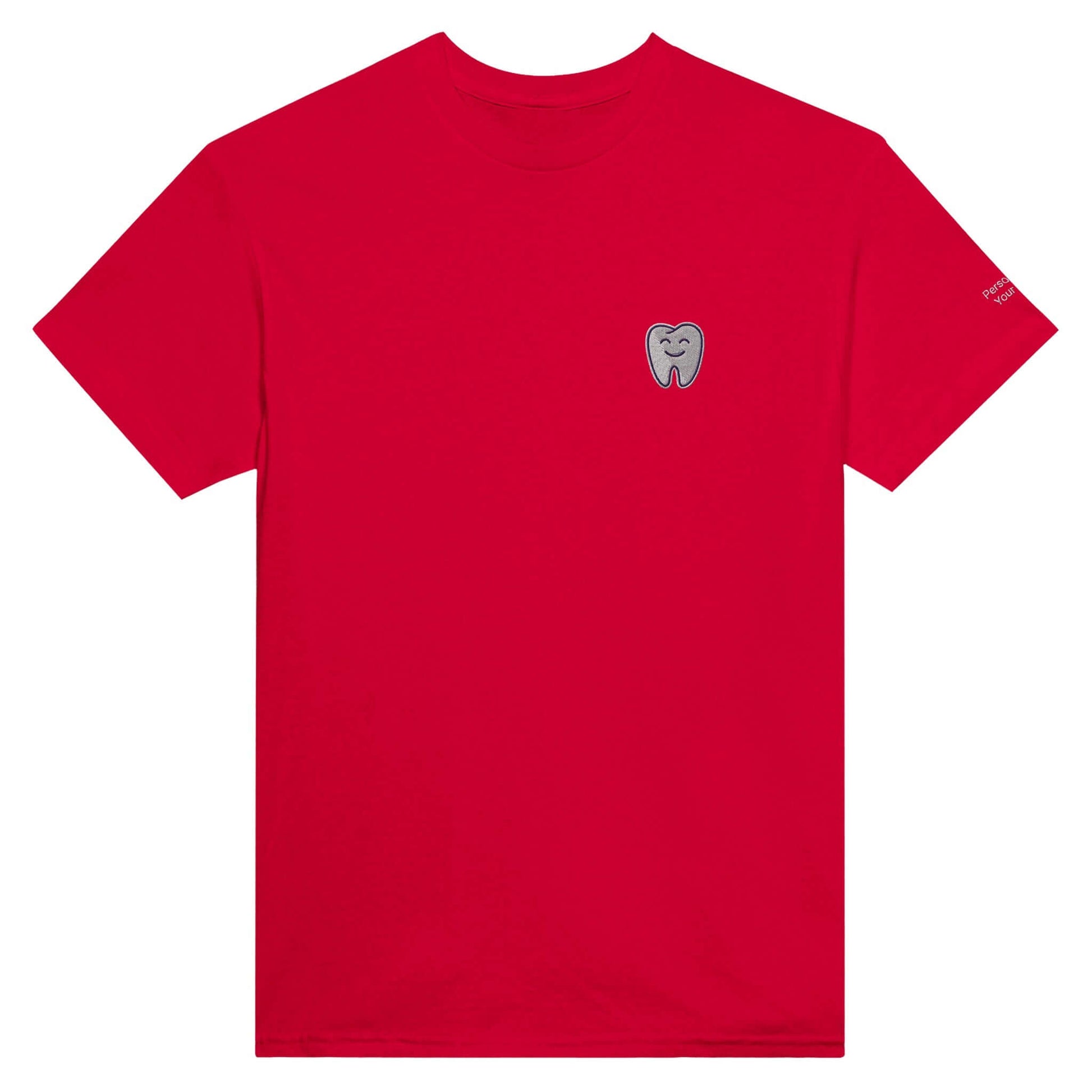 Personalized Heavyweight Unisex Crewneck T-Shirt in red with Smiling Tooth Embroidery, Gildan5000 style.