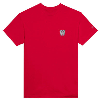Personalized Heavyweight Unisex Crewneck T-Shirt in red with Smiling Tooth Embroidery, Gildan5000 style.