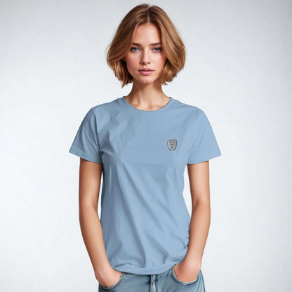 Personalized Heavyweight Unisex Crewneck T-Shirt in light blue with Smiling Tooth Embroidery on the chest.