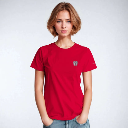 Personalized Heavyweight Unisex Crewneck T-Shirt with Smiling Tooth Embroidery in vibrant red, model wearing it.