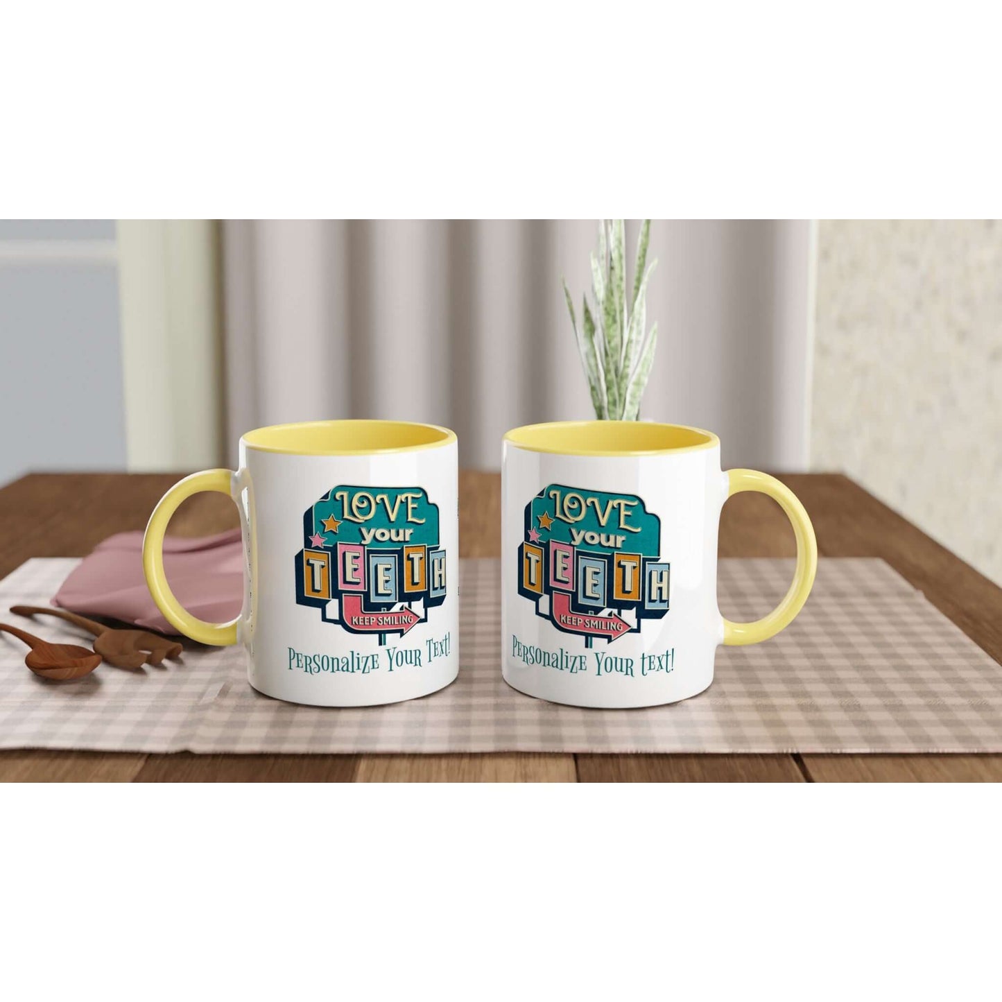 Personalized “Love Your Teeth” Ceramic Mug set with yellow rims, showcasing a positive message, perfect for coffee or tea.