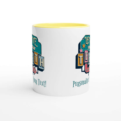 Personalized 'Love Your Teeth' ceramic mug with colorful interior and vivid print, perfect for coffee or tea.