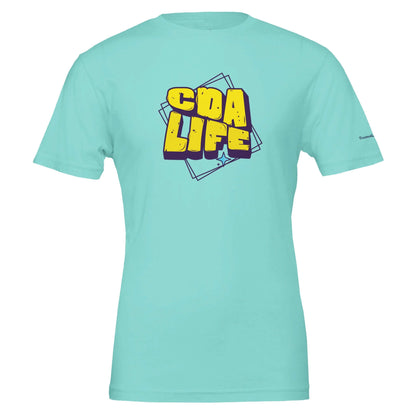 Personalized premium unisex crewneck t-shirt in turquoise featuring bold CDA LIFE graphic.