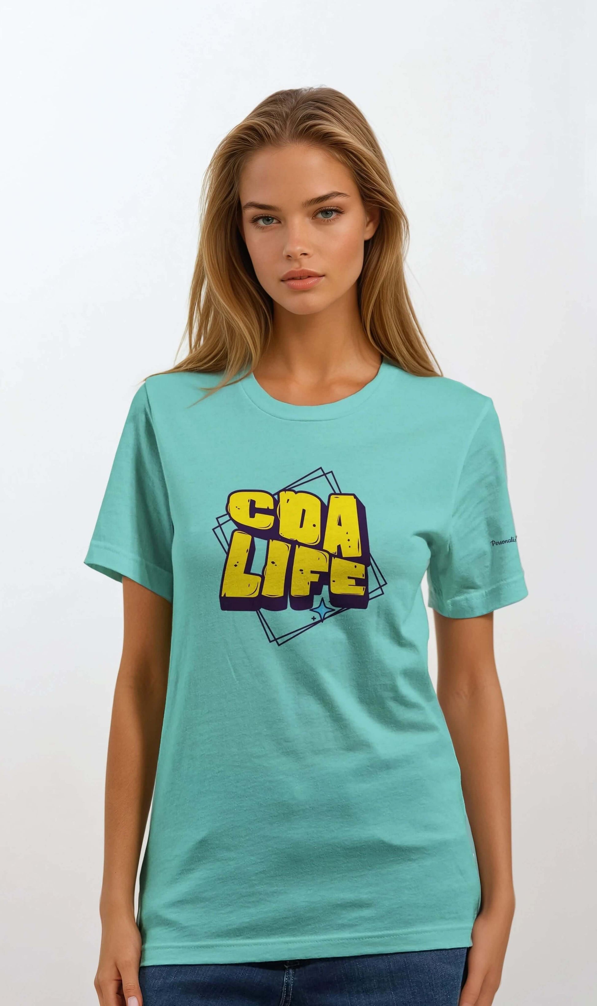 Personalized Premium Unisex Crewneck T-Shirt in aqua featuring 'CDA LIFE' graphic design.