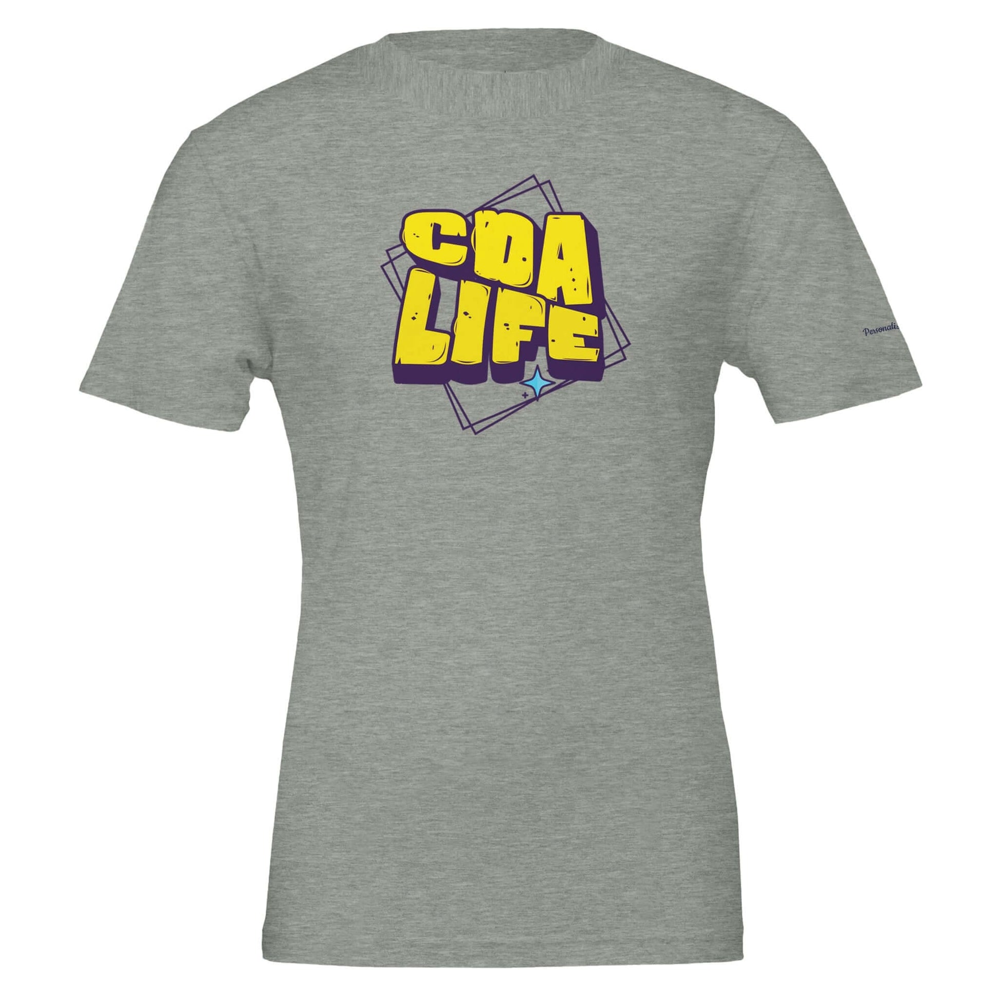 Personalized Premium Unisex Crewneck T-Shirt in gray featuring bold 'CDA LIFE' graphic design.