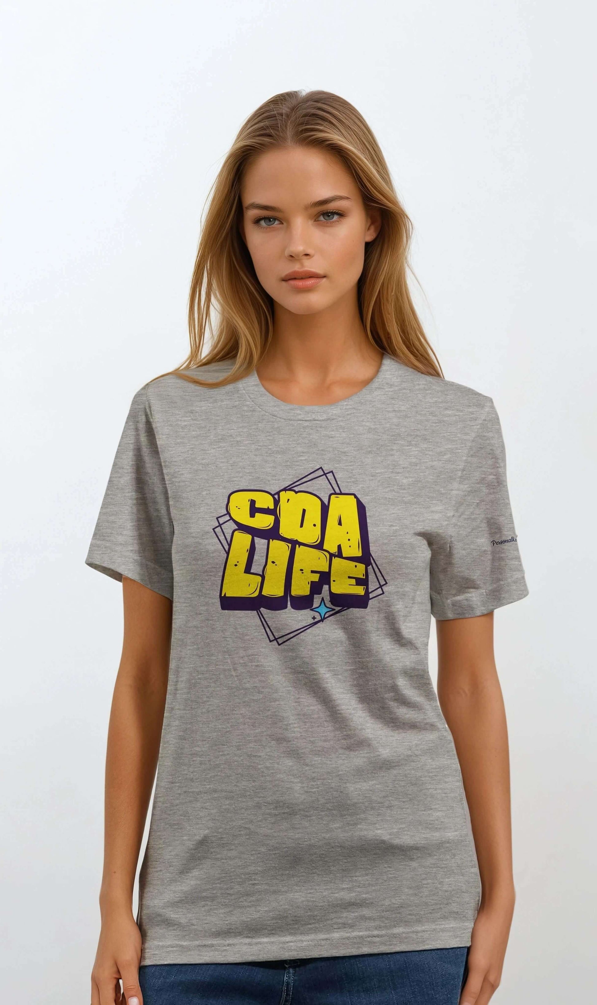 Personalized Premium Unisex Crewneck T-Shirt featuring CDA LIFE graphic design, model wearing gray shirt.