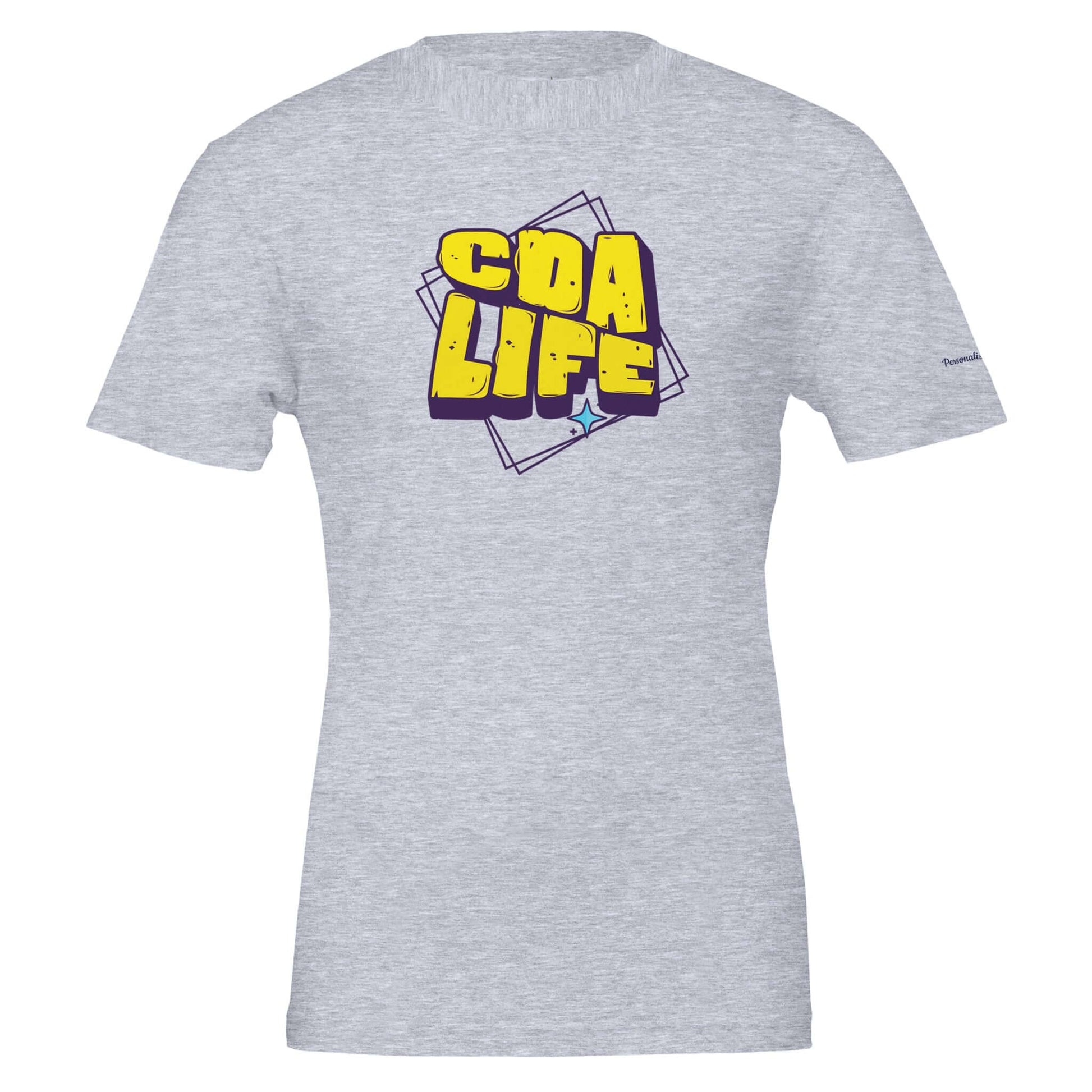 Personalized Premium Unisex Crewneck T-Shirt with CDA LIFE graphic design on gray fabric.