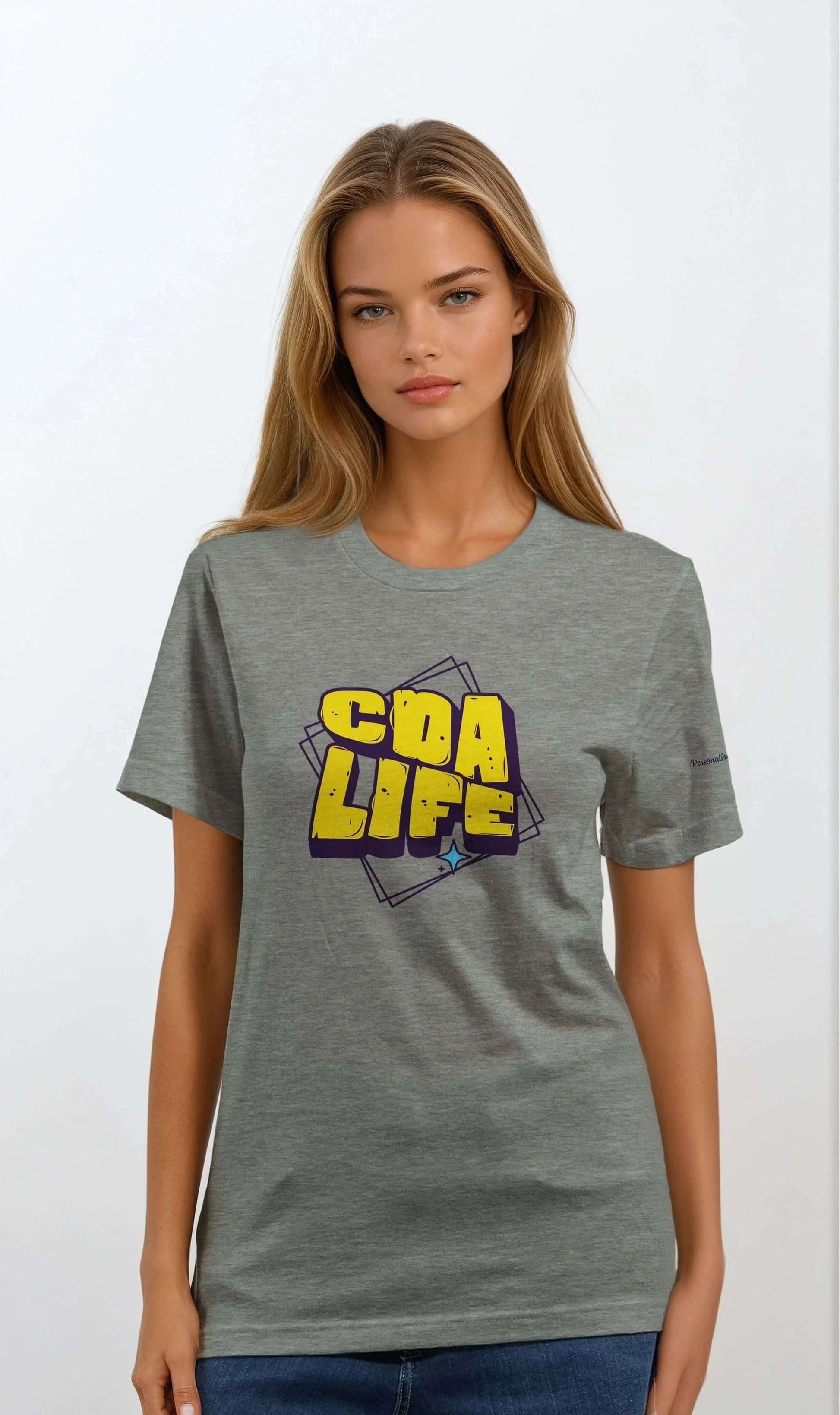 Personalized Premium Unisex Crewneck T-Shirt featuring CDA LIFE design in a stylish gray color.