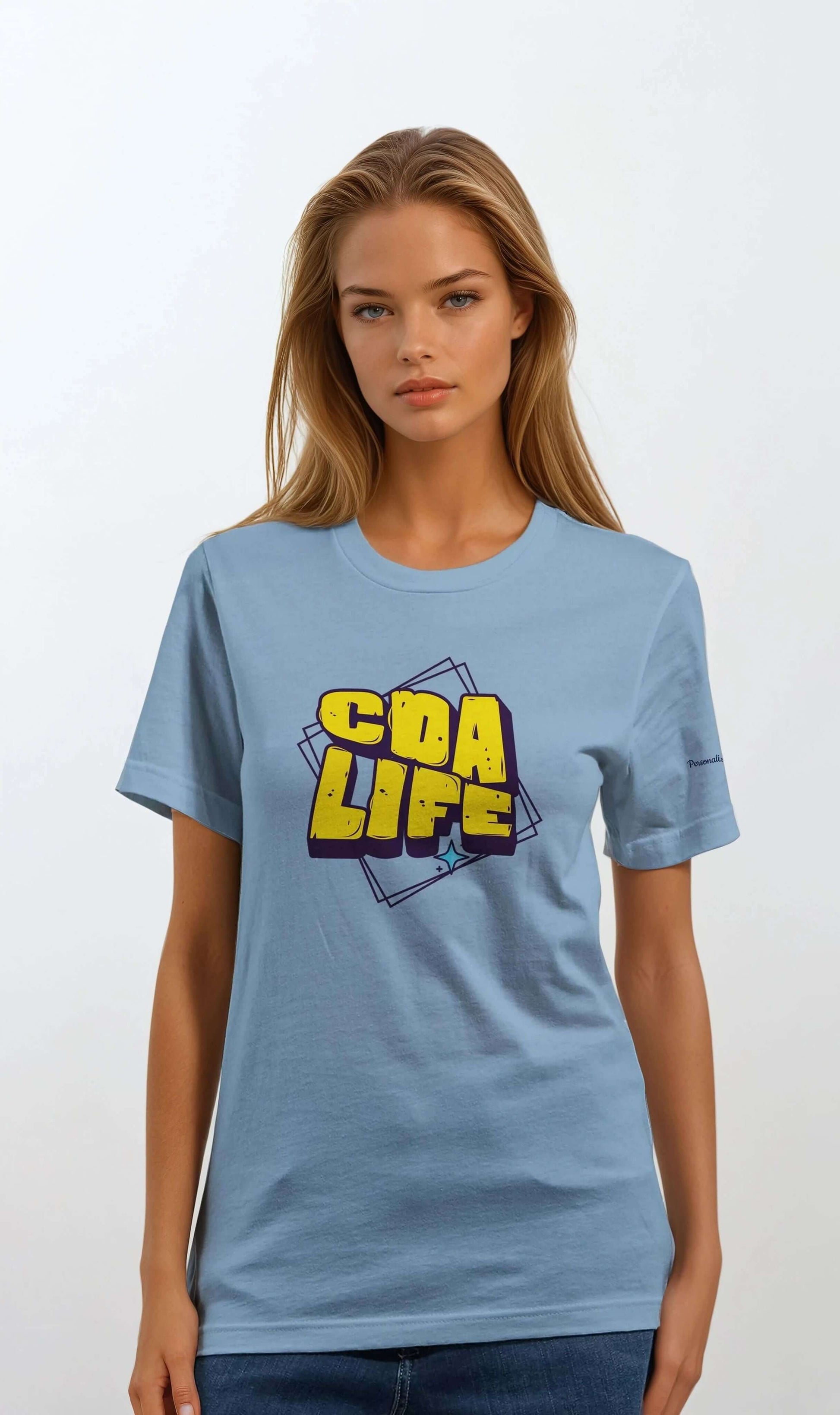 Personalized Premium Unisex Crewneck T-Shirt in blue featuring 'CDA LIFE' graphic design.