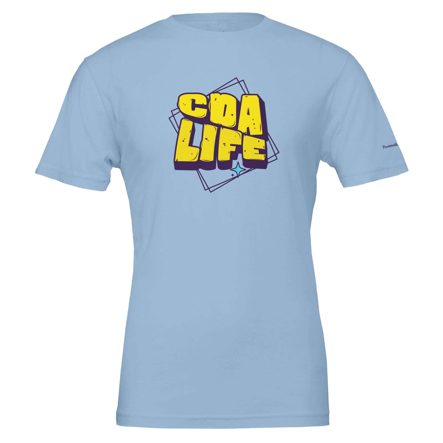 Personalized Premium Unisex Crewneck T-Shirt in light blue with CDA LIFE graphic design.