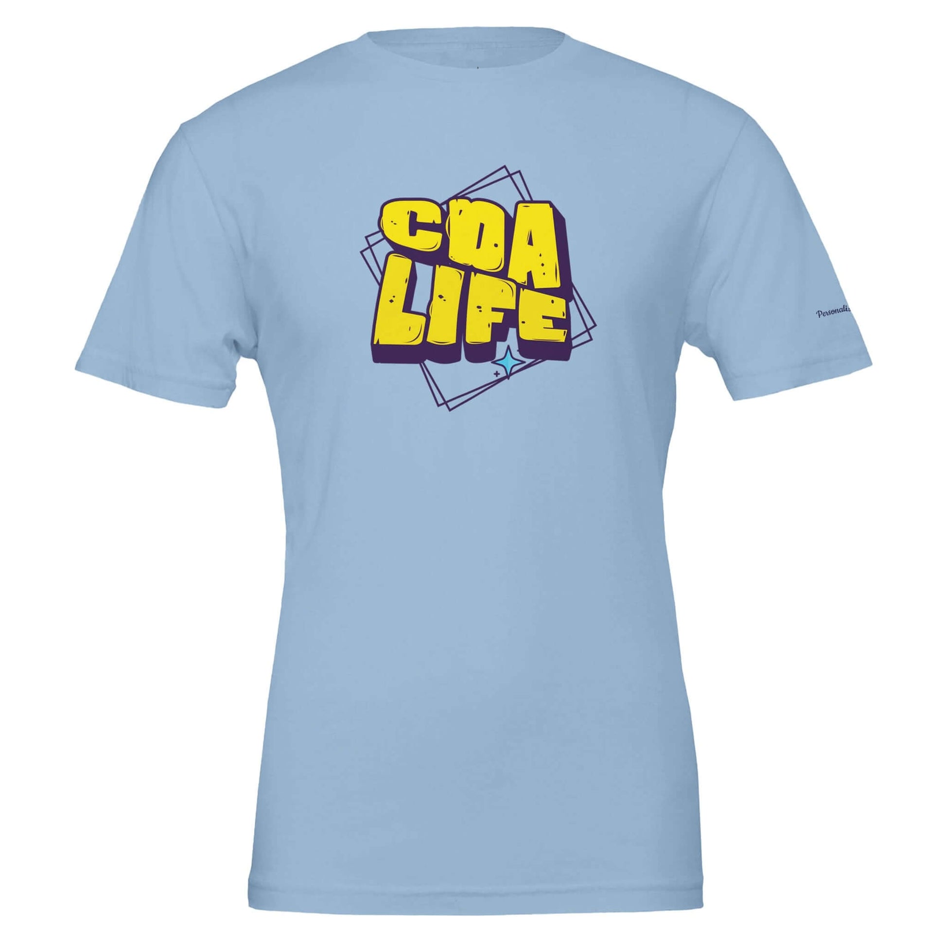 Personalized Premium Unisex Crewneck T-Shirt in light blue with CDA LIFE graphic design.