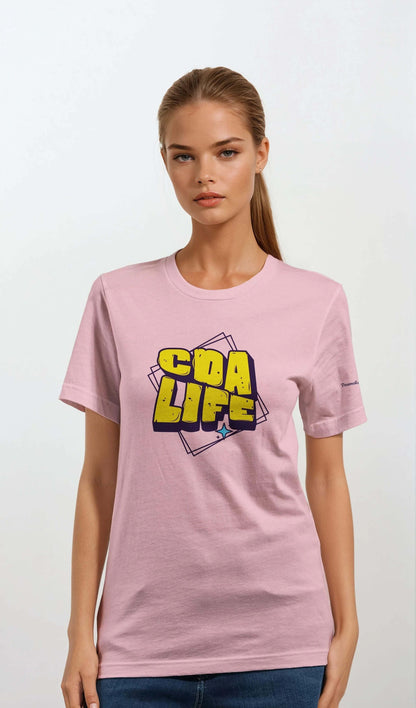 Personalized Premium Unisex Crewneck T-Shirt in pink with CDA LIFE graphic, model wearing Bella + Canvas 3001