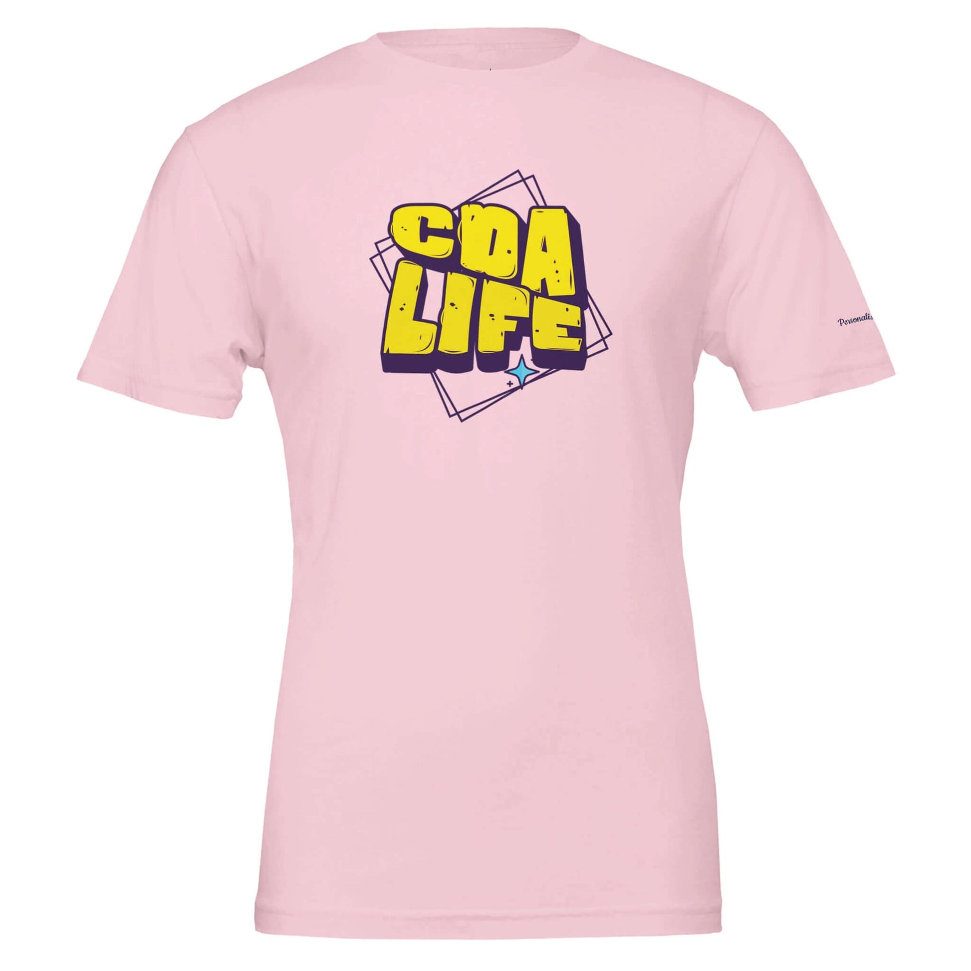 Personalized Premium Unisex Crewneck T-Shirt in pink color featuring CDA LIFE graphic design.