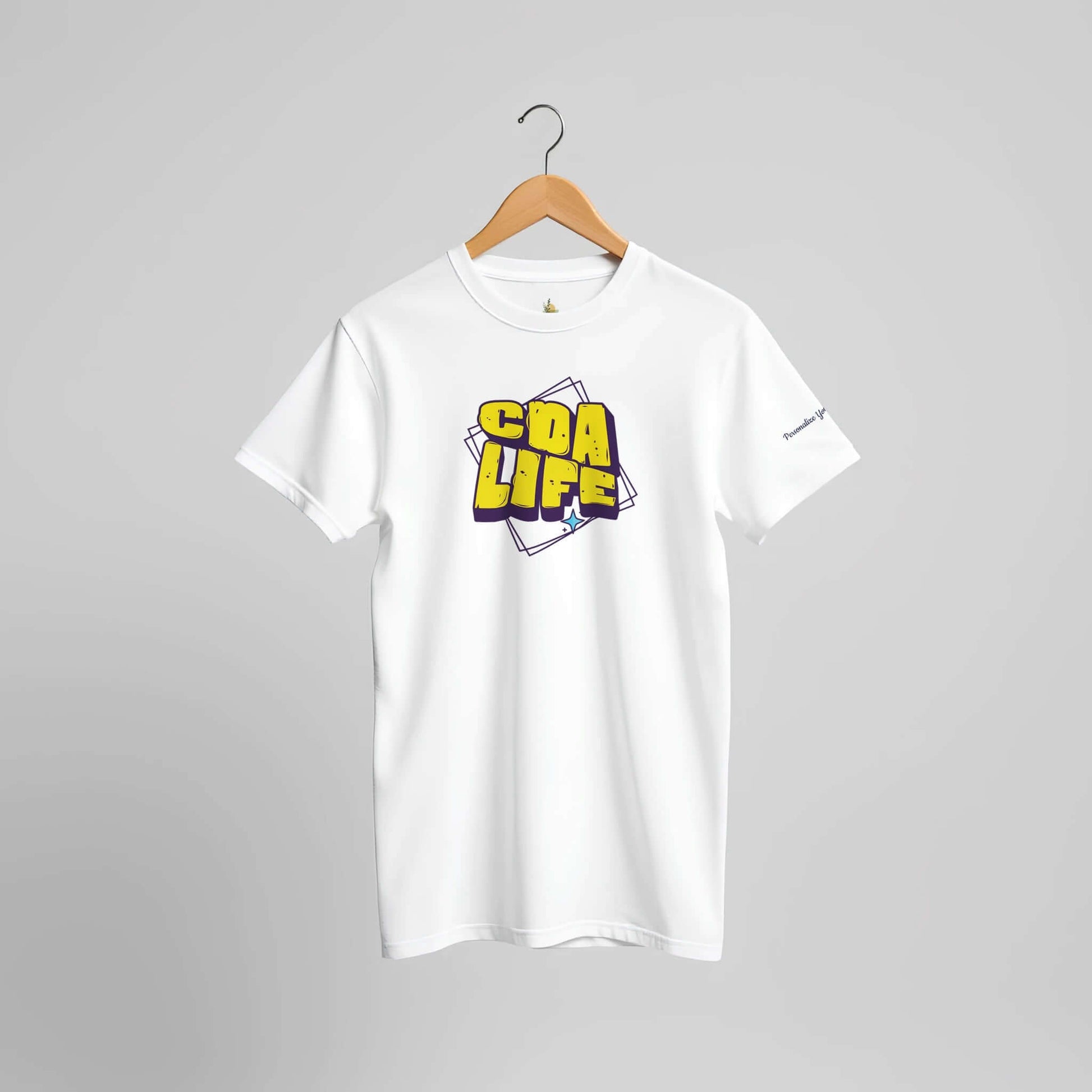 Personalized Premium Unisex Crewneck T-Shirt with CDA LIFE design, featuring a vibrant yellow and blue graphic on a white background.