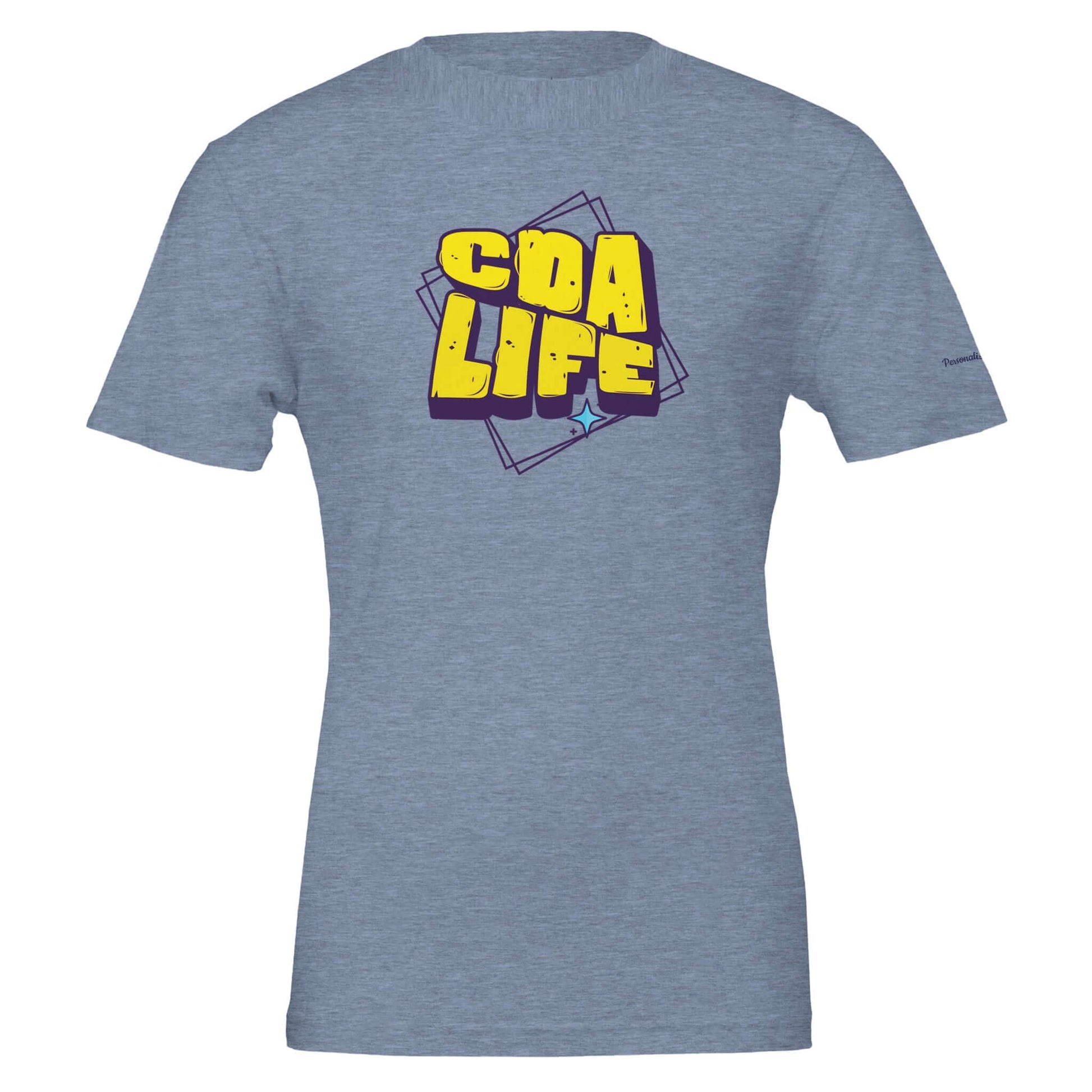Personalized Premium Unisex Crewneck T-Shirt with CDA LIFE graphic design on blue fabric.