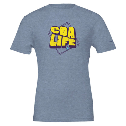 Personalized Premium Unisex Crewneck T-Shirt with CDA LIFE graphic design on blue fabric.