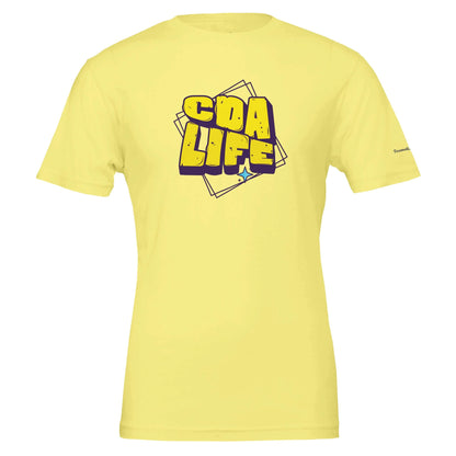 Personalized Premium Unisex Crewneck T-Shirt in yellow with CDA LIFE graphic design.