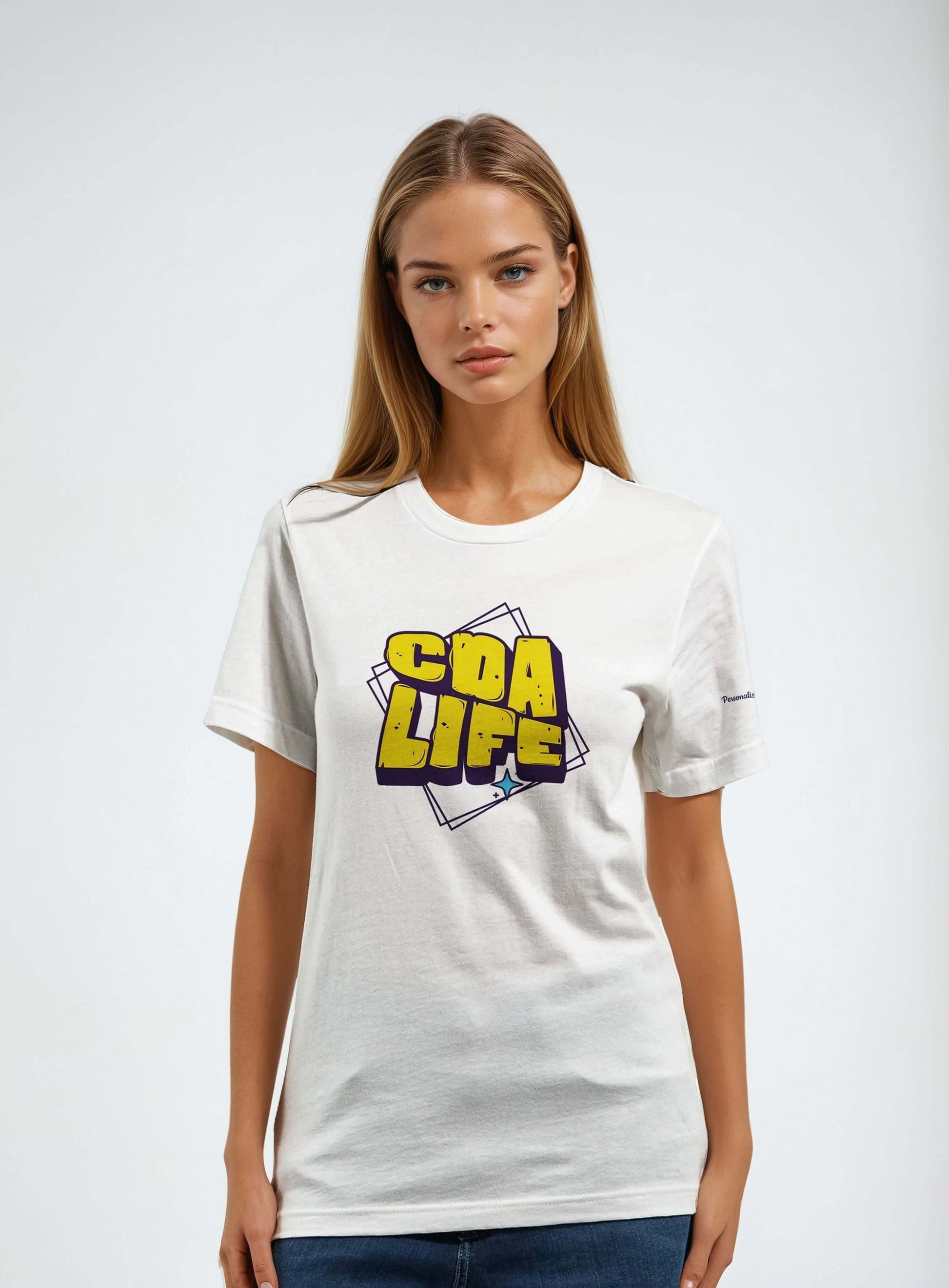 Personalized Premium Unisex Crewneck T-Shirt CDA LIFE model wearing white shirt with graphic design