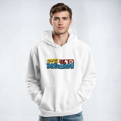 White unisex hoodie featuring the text 'Step Into Dentistry' for students and dental professionals.
