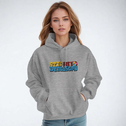 Personalized Premium Unisex Hoodie - Step Into Dentistry with vibrant lettering on a model.