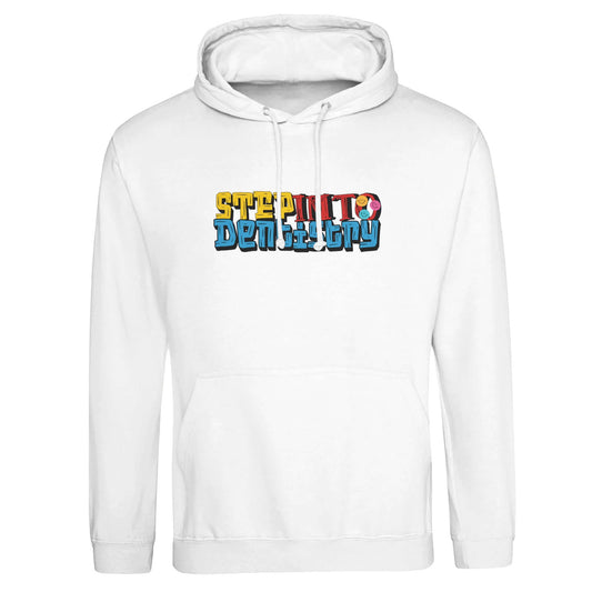 Personalized Premium Unisex Hoodie - Step Into Dentistry with colorful front design.